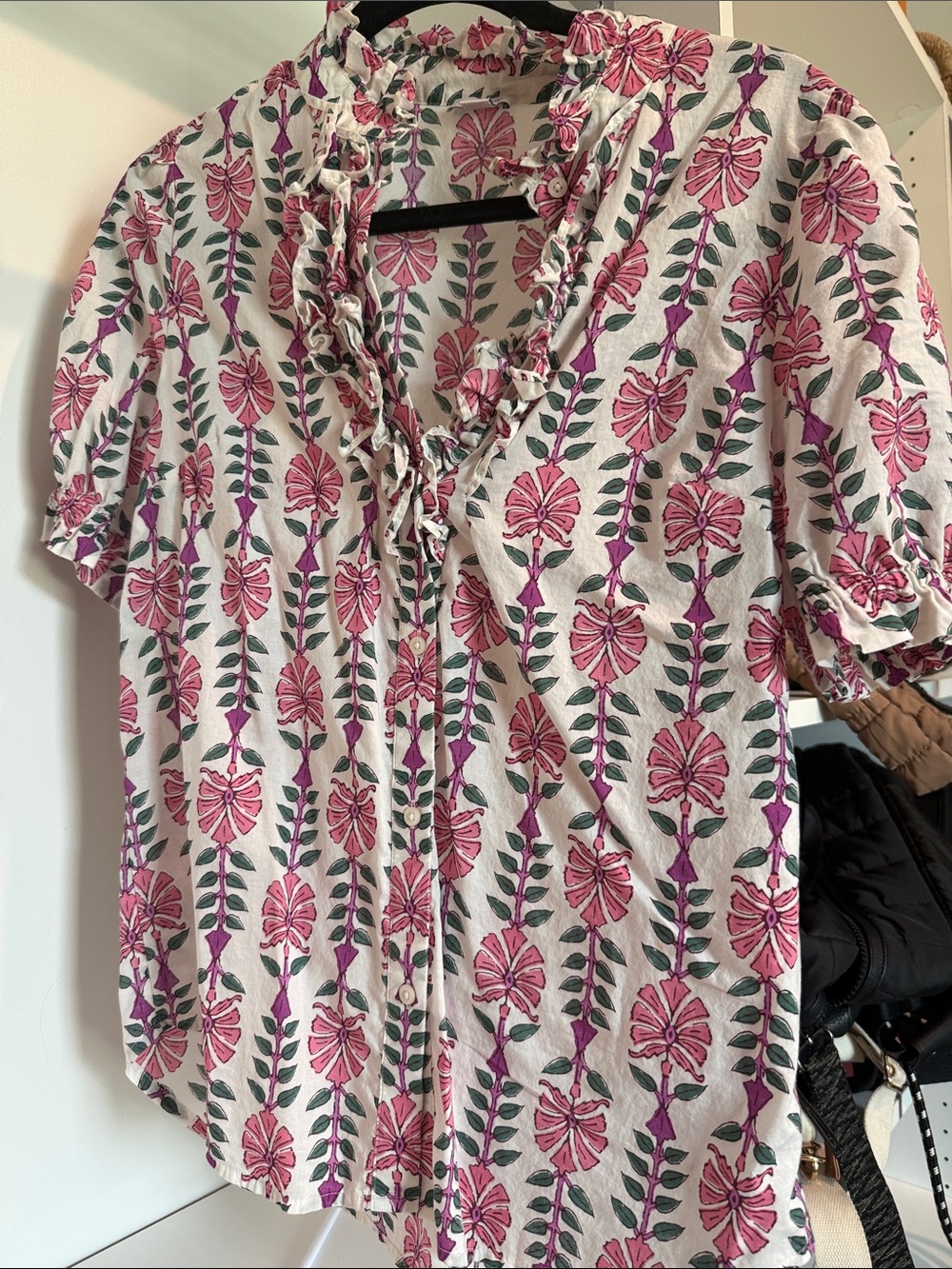 J. Crew White Blouse with Pink and Green Floral Print and Ruffle V-Neck